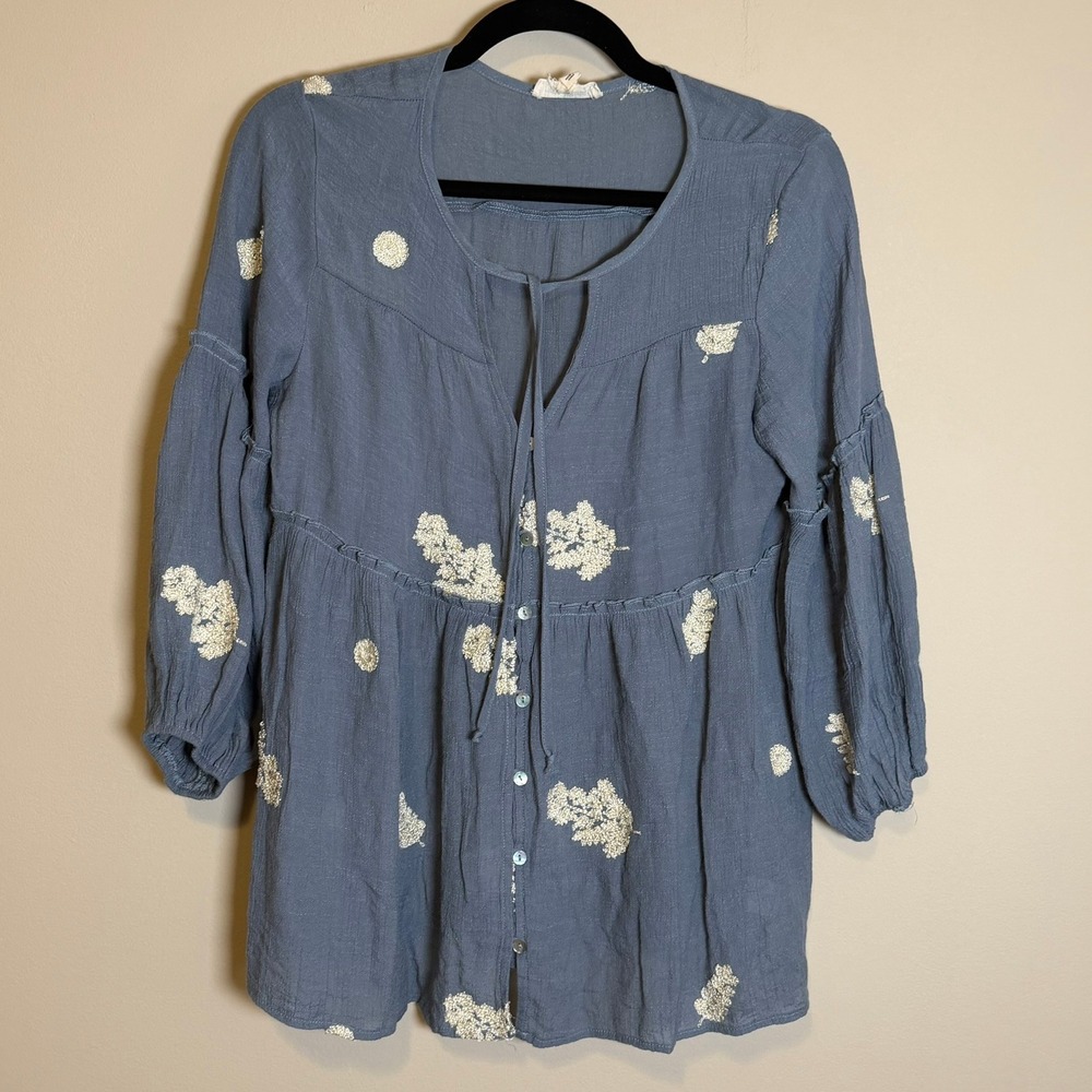 Hope Springs Blue Embroidered Boho Babydoll Tunic Top Size S